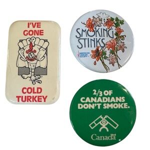 Vintage Anti-Smoking Pin Back Buttons Set of 3 Cold Turkey Smoking Stinks